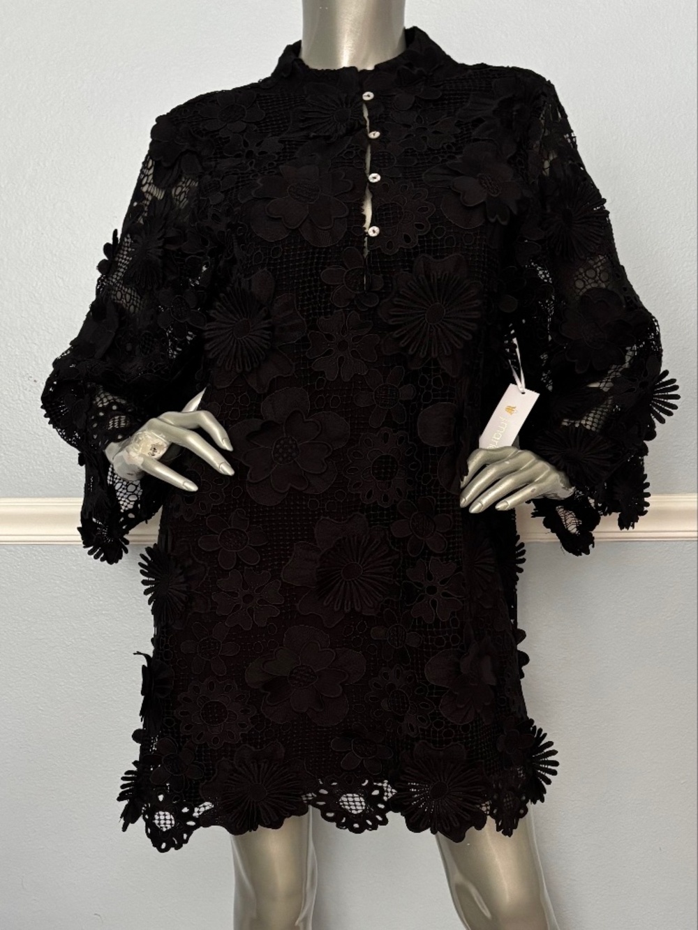 J. Marie Seraphina Dress Nwt Black Floral 3D Lace Shift Boho